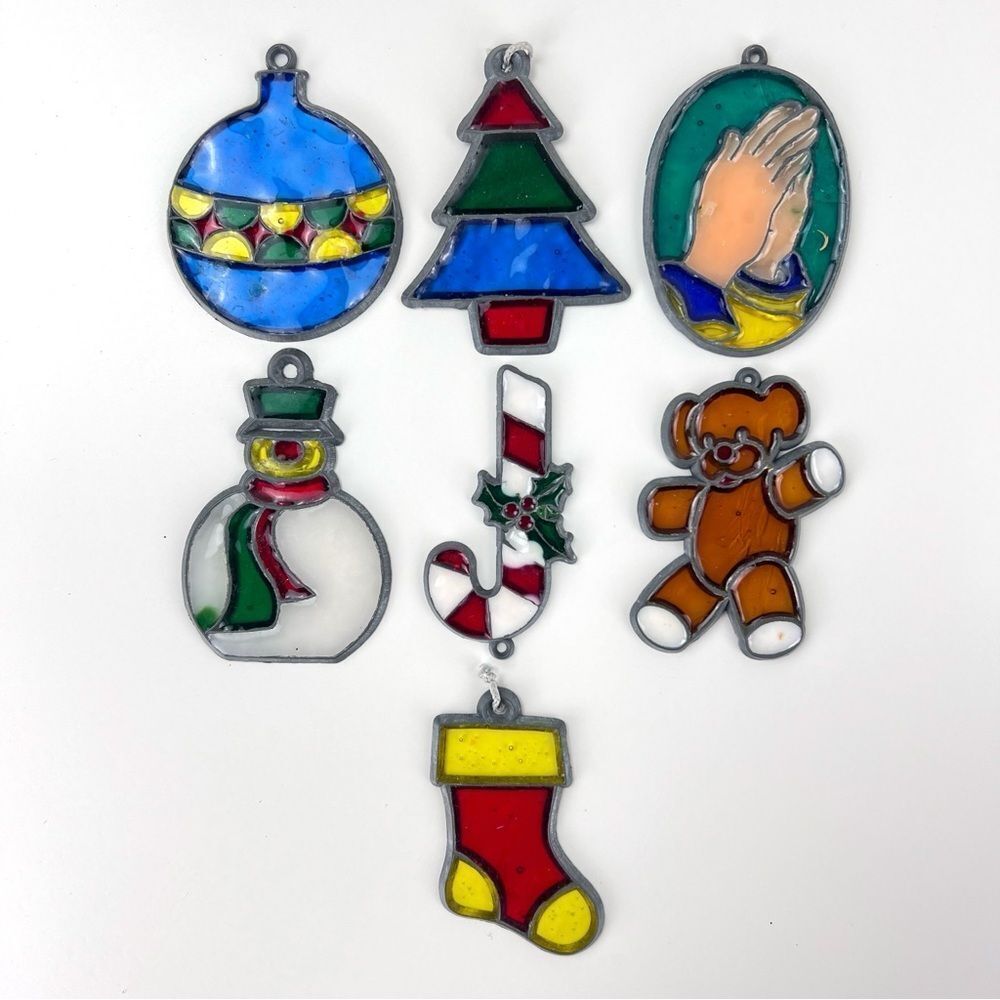 Vintage Stained Glass Style Christmas Ornaments Sun Catchers Lot Of 7 Pcs